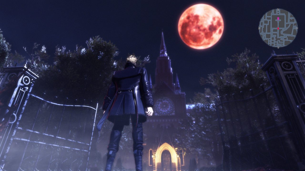 Penny Blood screenshot of a man clad in a dark coat looking a blood red moon over a gothic cathedral.