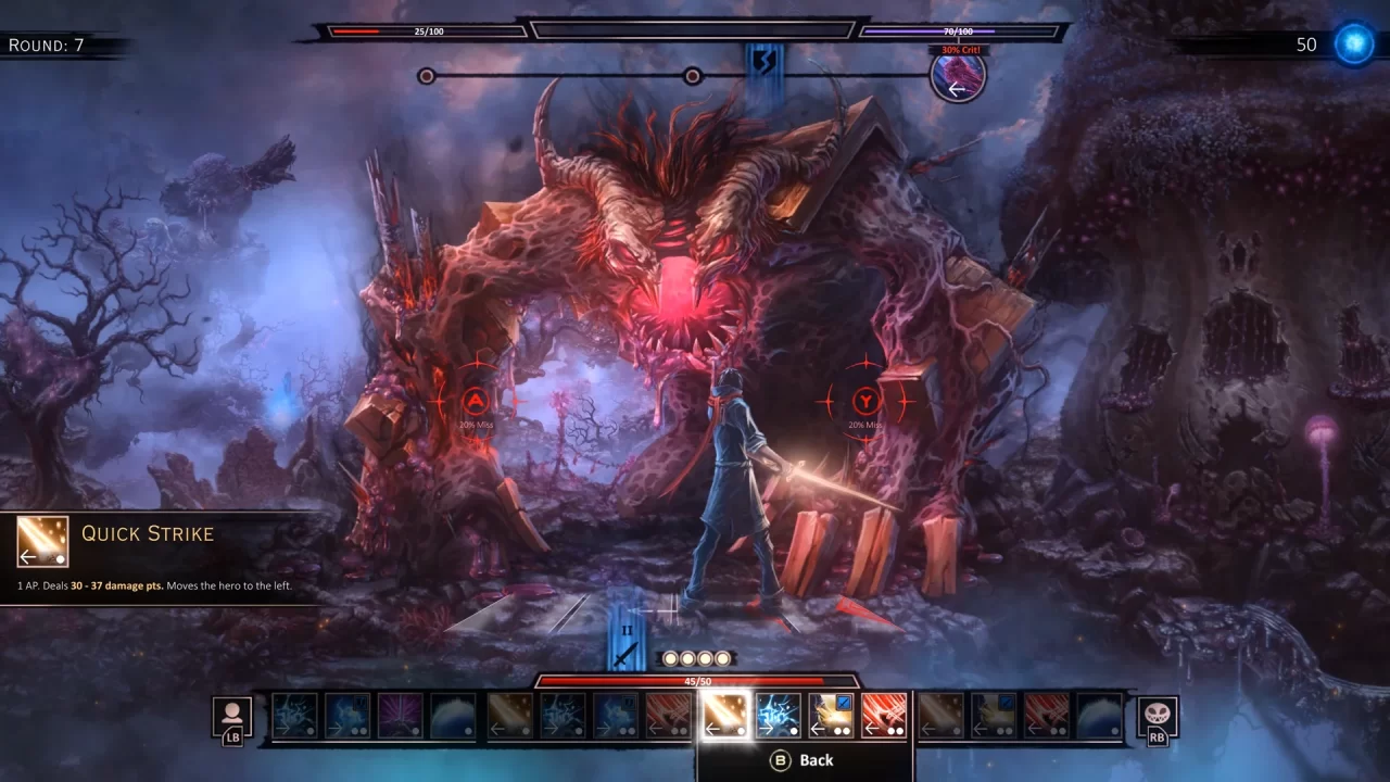A combat encounter pitting the protagonist against a large fiend in VED, with HP values at the top and abilities in a grid along the bottom.