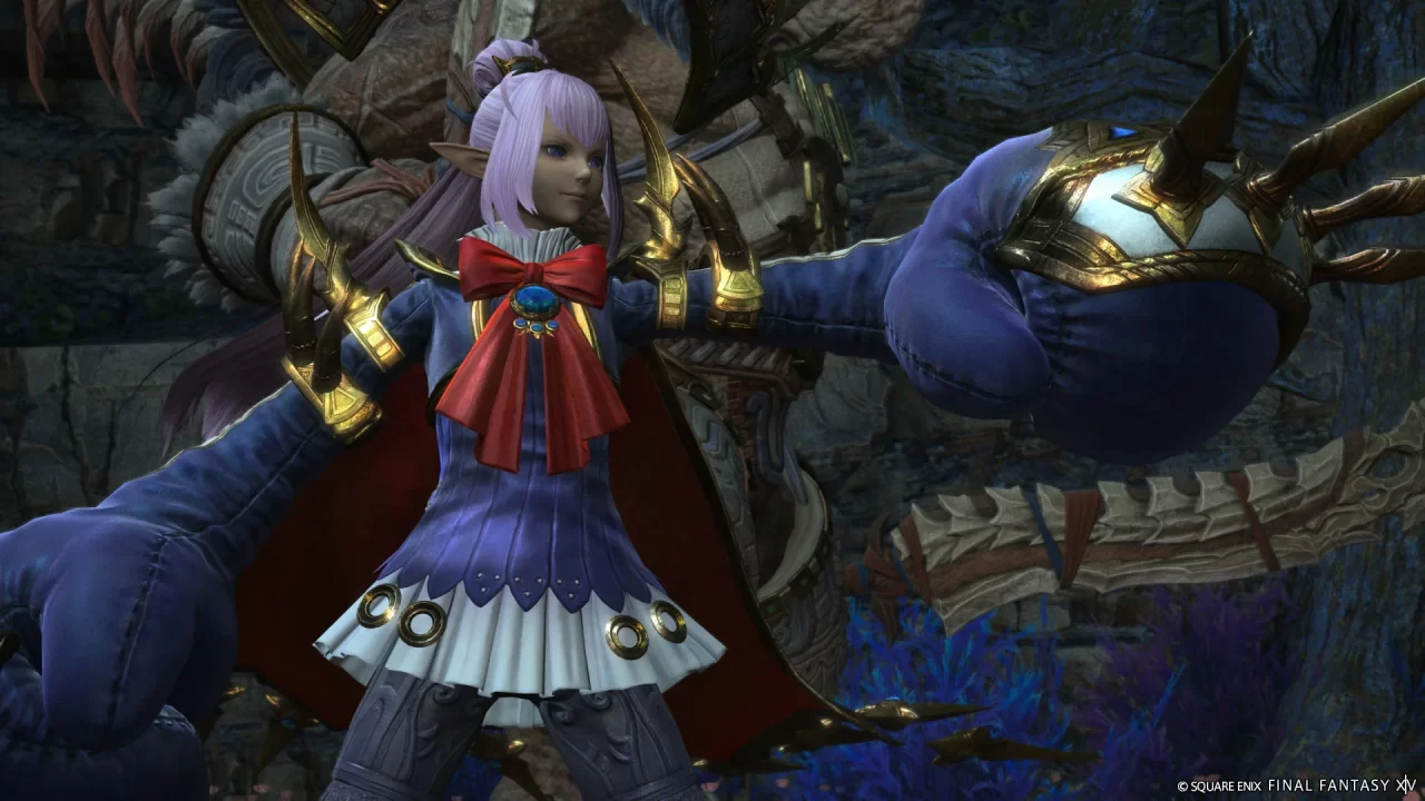Final Fantasy XIV Dawntrail: Patch 7.1 screenshot of purple-haired pugilist Prishe from Final Fantasy XI holding up a comically oversized fist toward the offscreen Warrior of Light.