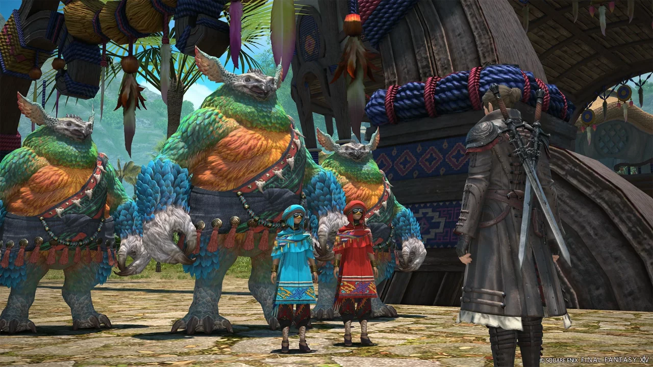 Final Fantasy XIV Dawntrail: Patch 7.1 screenshot of the Warrior of Light (right) speaking to two Pelupelu and three Hanuhanu (left) about building the Turali Travel Agency.