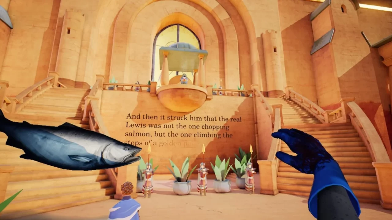 Lewis' real hand and the fish he is handling extends over his imagined fantasy world.