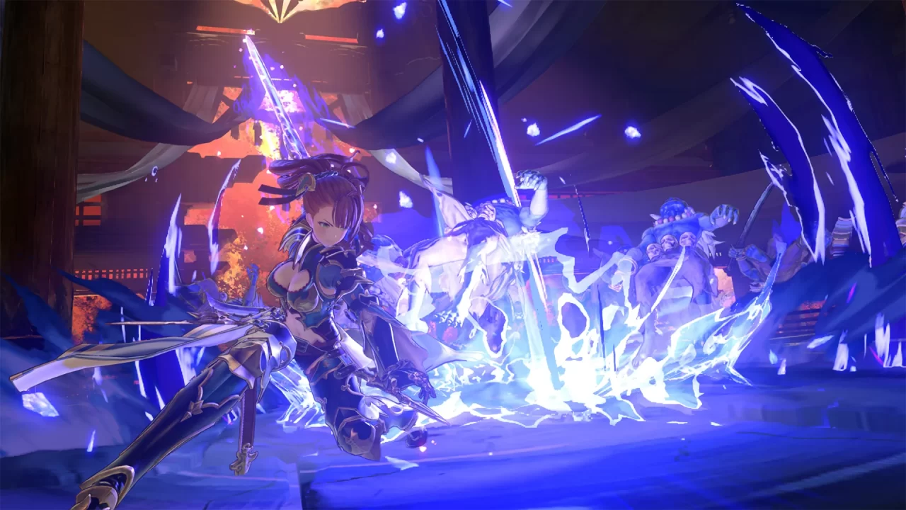 Granblue Fantasy: Relink - Endless Ragnarok screenshot of a woman unleashing a flashy sliding sword attack.