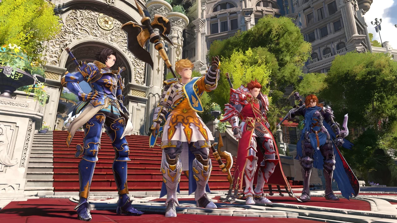 Granblue Fantasy: Relink - Endless Ragnarok screenshot of four armored folks standing on an ornate stone stairway.